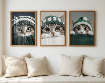 3 Christmas Cat Digital Prints, Cute Holiday Cat Wall Art, Xmas Cat Lover Gift, Printable Christmas Decor
