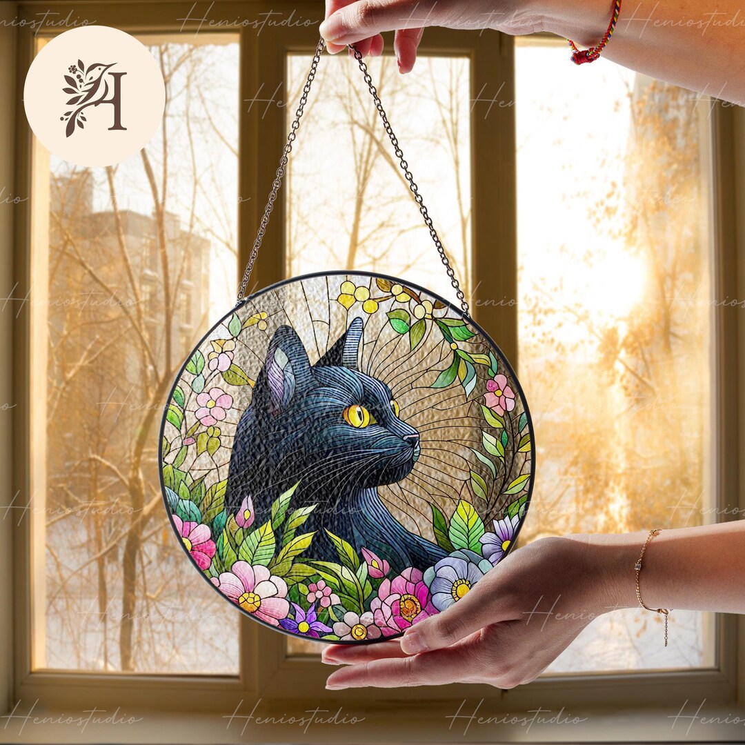 Black Cat and Flowers GLASS Suncatcher, Housewarming Gift, Gift for Cat ...
