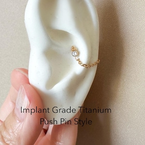 16g 18g Push Pin Implant Grade F136 Titanium Chain Hoop CZ Labret, Conch Stud, Conch Piercing Flat Back Hypoallergenic, Conch Chain