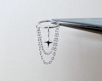 6mm-12mm 18g 16g Stainless Steel Dainty Moon Star Double Chain Hoop, Conch Hoop Piercing Hypoallergenic, Helix Hoops, Cartilage Piercing,