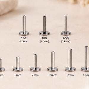 Puede incluir: Una colección de postes de labret de metal color plata dispuestos en dos filas. La fila superior muestra los calibres 16G (1.2 mm), 18G (1.0 mm) y 20G (0.8 mm). La fila inferior muestra longitudes de 5 mm, 6 mm, 7 mm, 8 mm, 9 mm y 10 mm.