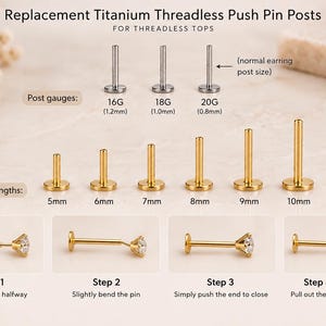 May include: Replacement titanium threadless push pin posts for threadless tops. Includes various post gauges from 16G to 20G and lengths from 5mm to 10mm. Four steps illustrate how to insert, bend, push to close, and pull out the stud from the post.