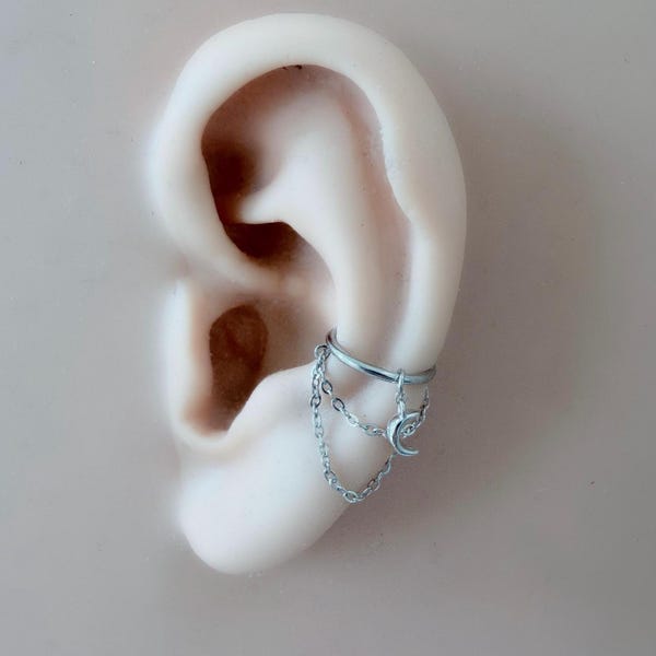 6mm-12mm 18g 16g Stainless Steel Dainty Moon Star Double Chain Hoop, Conch Hoop Piercing Hypoallergenic, Helix Hoops, Cartilage Piercing,