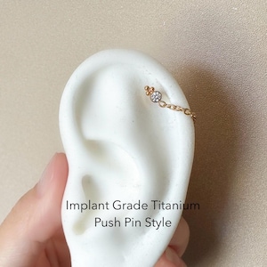 16g 18g Push Pin Implant Grade F136 Titanium Chain Hoop CZ Labret, Helix Stud, Helix Piercing Flat Back Hypoallergenic, Helix Chain