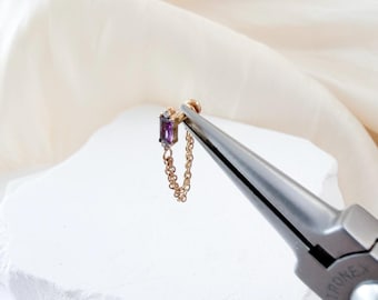 Dainty 16g 18g Amethyst CZ Baguette Push Pin Implant Grade Titanium Hypoallergenic Chain Hoop Labret, Conch Stud, Conch Chain Flat Back