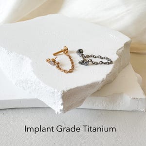 16g 18g Push Pin Implant Grade F136 Titanium Chain Hoop CZ Labret, Helix Stud, Conch Piercing Flat Back Hypoallergenic, Conch Chain