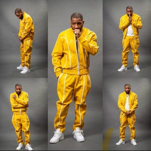 Men&#39;s Brayden PU Leather Track Suit - Leather Sweatsuit Yellow & White, Men Sweatsuit Handmade Premium Leather Tracksuit - Jogging style