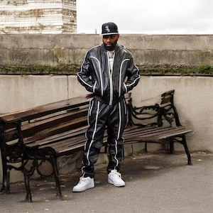 Men&#39;s Handmade Premium Leather Tracksuit - Jogging style Men&#39;s Brayden PU Leather Track Suit - Sweatsuit Style Black & White Sweatsuit