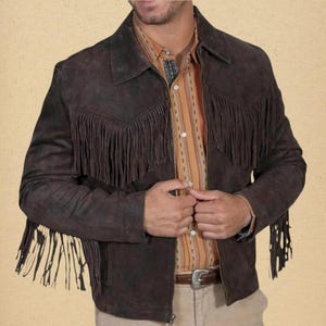 Veste-manteau en cuir de cow-boy occidental traditionnel Liberty avec franges, chemise en cuir de daim à franges Veste en daim de style cow-boy rodéo