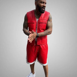 Men 2 Live & Die Vest With Leather Shorts - Men Red Leather Vest With Short  - Jogging Style Men Brayden PU Leather Vest -Men Leather Shorts