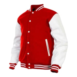 Chaqueta universitaria con letras para hombre con cuero genuino, mangas de cuero blanco, lana Melton roja, chaqueta para hombre