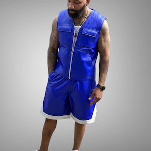 Men 2 Live & Die Vest With Leather Shorts - Men Royal Blue Leather Vest Short  - Jogging Style Men Geniune Leather Vest -Men Leather Shorts