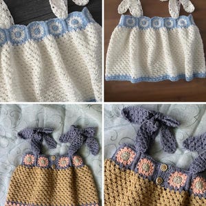 May include: Handmade crochet tops in white, tan, and grey. The white top features blue trim and bow straps. The tan top has pink and grey floral accents and grey bow straps. The tops are decorated with floral and square patterns.