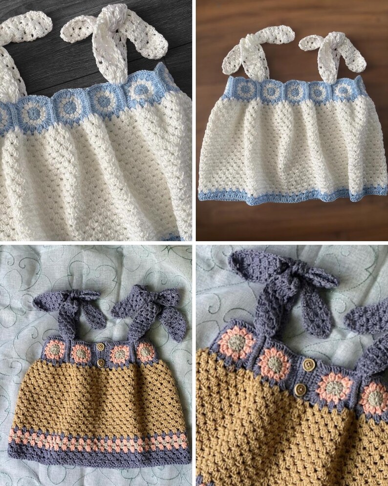 May include: Handmade crochet tops in white, tan, and grey. The white top features blue trim and bow straps. The tan top has pink and grey floral accents and grey bow straps. The tops are decorated with floral and square patterns.