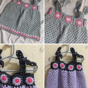 May include: Handmade crochet top in various colours. The top features a grey base with pink and white floral accents along the neckline and hem. The straps are tied at the shoulders. The second top is purple with black accents and pink and white floral accents.