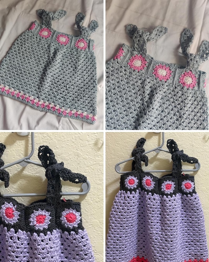 May include: Handmade crochet top in various colours. The top features a grey base with pink and white floral accents along the neckline and hem. The straps are tied at the shoulders. The second top is purple with black accents and pink and white floral accents.