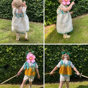 May include: Four images showing children's crochet outfits. The outfits include a white crochet dress with daisy details and a mustard yellow and teal vest with matching accessories. The children are playing outside in a grassy area.