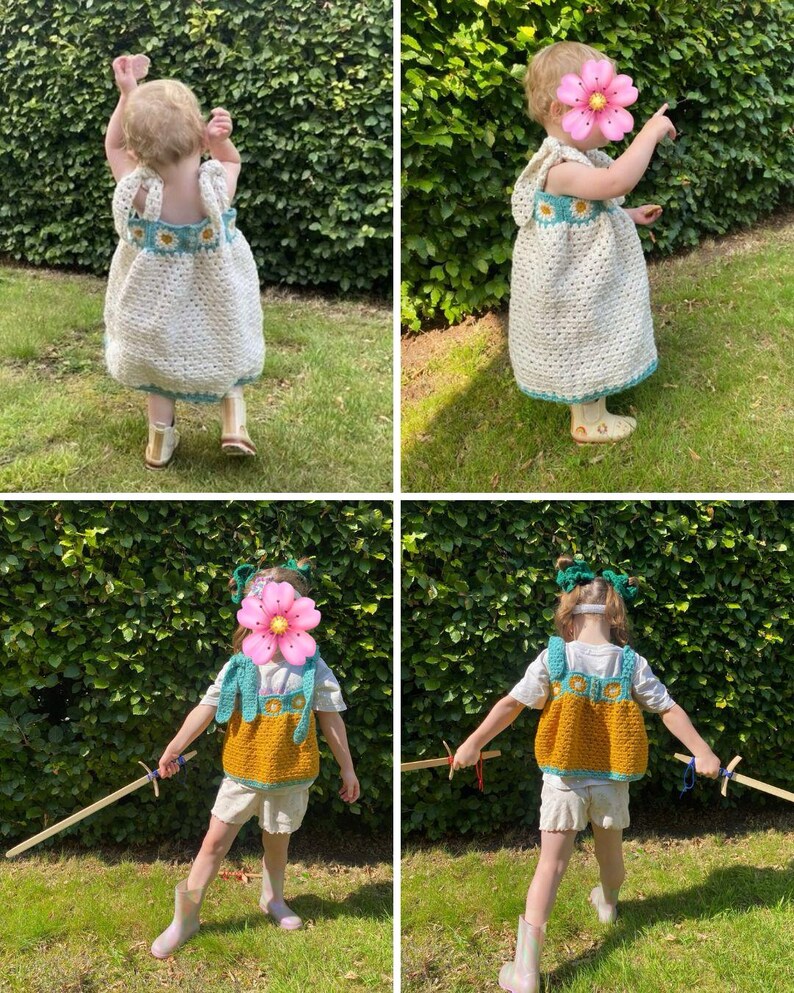 May include: Four images showing children's crochet outfits. The outfits include a white crochet dress with daisy details and a mustard yellow and teal vest with matching accessories. The children are playing outside in a grassy area.