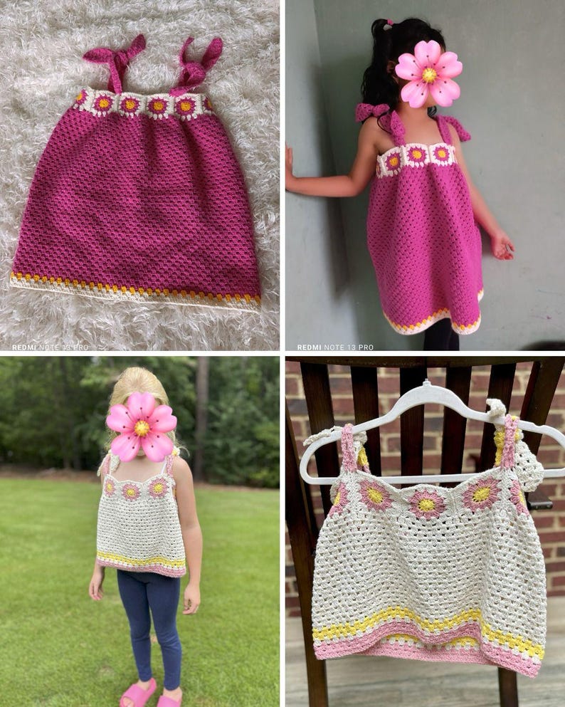 May include: Handmade crochet top and dress in pink, white, and yellow. The top and dress feature a floral design along the neckline and straps. The dress has tie straps and a scalloped hem. The top is shown on a hanger and worn by a child.