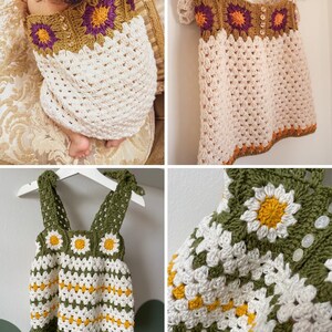 May include: Handmade crochet baby dresses. One is white with a green and purple floral design. Another is white with a brown and orange floral design. The third dress is green with white and yellow daisy accents.