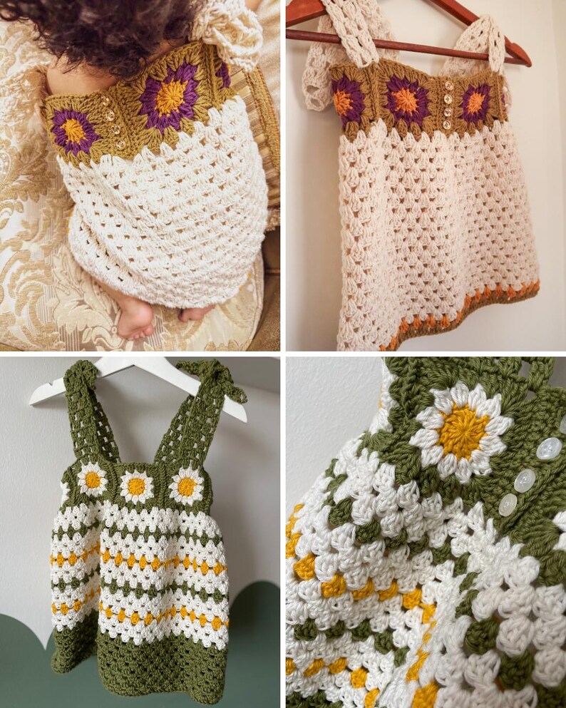 May include: Handmade crochet baby dresses. One is white with a green and purple floral design. Another is white with a brown and orange floral design. The third dress is green with white and yellow daisy accents.