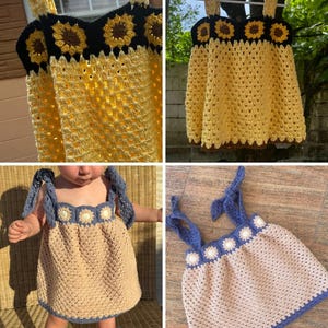 May include: Handmade crochet baby dress in yellow with a black sunflower design at the neckline. The dress has a scalloped hem and straps. Another dress is tan with blue straps and sunflower accents.