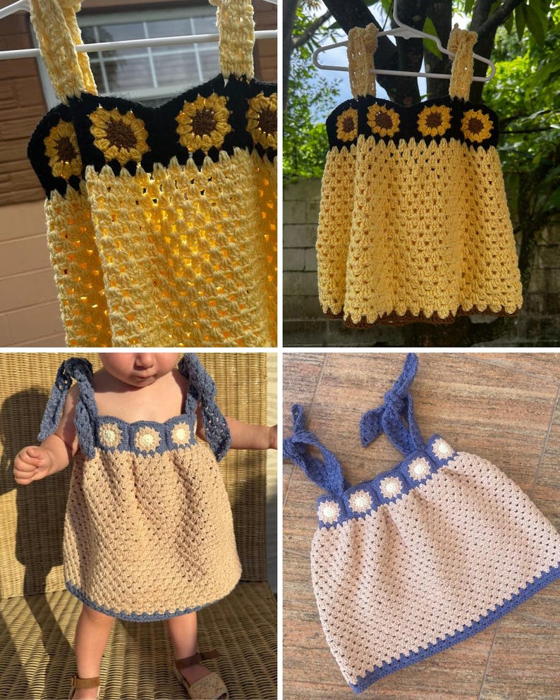 May include: Handmade crochet baby dress in yellow with a black sunflower design at the neckline. The dress has a scalloped hem and straps. Another dress is tan with blue straps and sunflower accents.