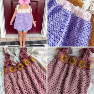 May include: Handmade crochet dresses in two styles. One is lavender with cream straps and trim. The other is a dusty rose colour with sunflower accents. Both dresses are sleeveless and appear to be for children.