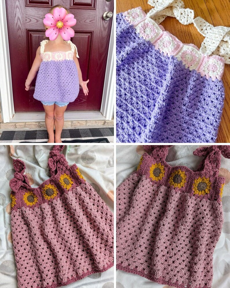 May include: Handmade crochet dresses in two styles. One is lavender with cream straps and trim. The other is a dusty rose colour with sunflower accents. Both dresses are sleeveless and appear to be for children.