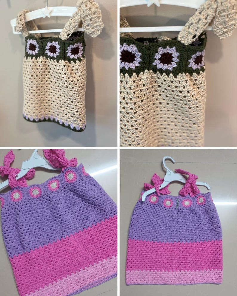 May include: A cream, green, and purple crocheted top. The top has a floral pattern around the neckline and straps. It is displayed on a white hanger.