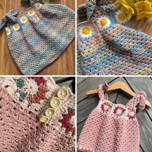 May include: A selection of handmade crochet items, including a hat with daisy details and a pink dress. The hat has a granny square design with colourful yarn and daisy embellishments. The dress has a square neckline and tie straps.