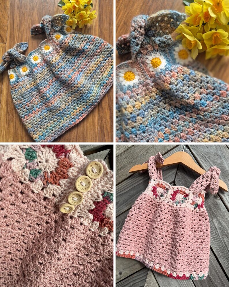 May include: A selection of handmade crochet items, including a hat with daisy details and a pink dress. The hat has a granny square design with colourful yarn and daisy embellishments. The dress has a square neckline and tie straps.