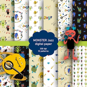 Leuke monstermuzikanten, Halloween-jazzfeest, digitaal papieren pak, naadloze patronen, jazzmannen, muziekinstrumenten in cartoonstijl