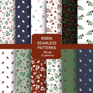 Robin bird and berries digital paper, seamless pattern for textiles and papercraft, winter birds, foliage, Christmas vibes background