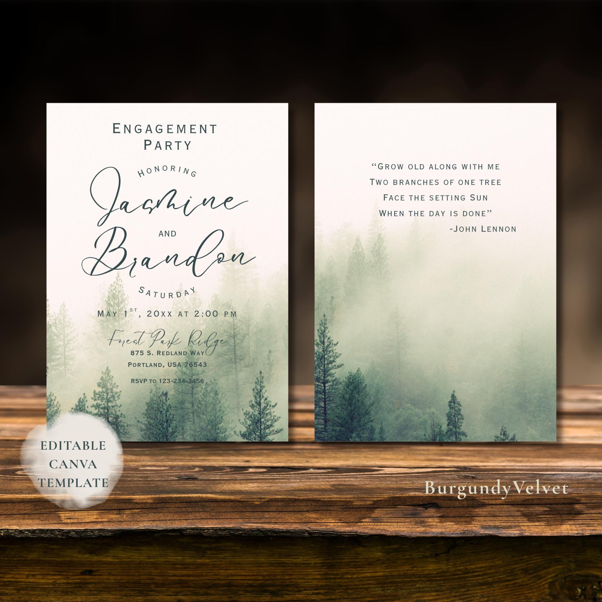 Forest Engagement Invitation: Greenery, Foggy Woodland (canva