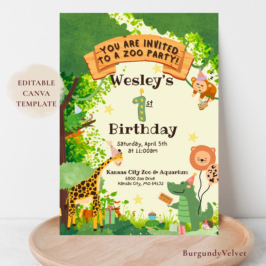 Zoo Animal Birthday Invitation Template, Safari Jungle Party (editable