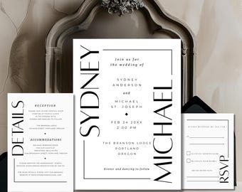 May include: A set of black and white wedding stationery. The invitation features the names "Sydney" and "Michael" in bold, elegant typography. Additional cards include details and RSVP information. The design is minimalist and modern.