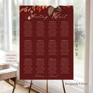 May include: A burgundy seating chart template with a floral design, featuring names listed under 12 tables. The text includes "Seating Chart," "Editable Canva Template," and "36" x 48" Template." The bottom reads "Victoria - David" and "Burgundy Velvet."
