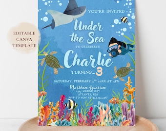 Under the Sea Birthday Invitation, Aquarium Party, Editable Canva (Printable)