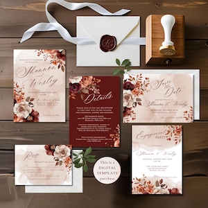 Terracotta and Burgundy Wedding Invitation Suite, Printable Wedding Bundle, Editable Canva Template, Elegant Romantic Fall Theme, A1B001