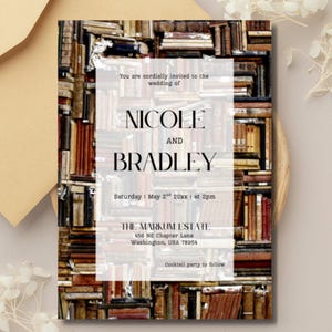 Book Themed Wedding Invitation Canva Template Romantic Storybook Library Literary Invite Instant Download Black White Red L1L001