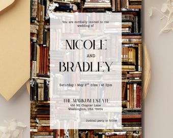 Book Themed Wedding Invitation Template: Storybook Library Invite (Canva Editable, Digital Download)