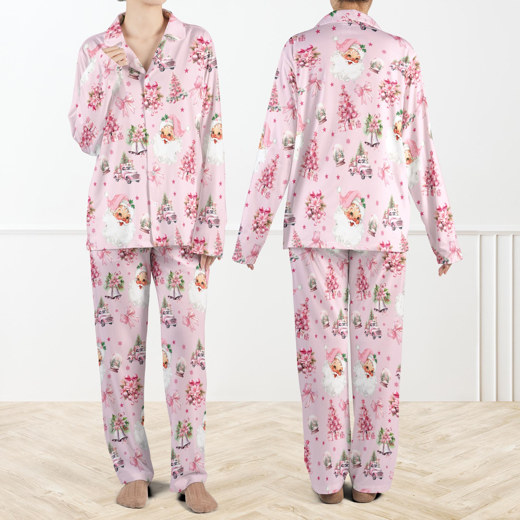 Discover Pink Christmas Santa Silky Pajama Set For Women And Kids, Vintage Santa Sleepwear for Women, Cute Holiday PJs, Festive Pink Loungewear