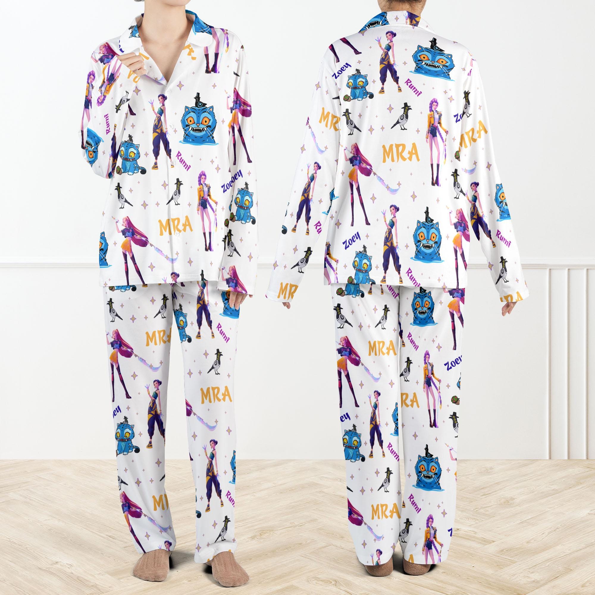 Discover Kpop Demon Hunters Satin Pajama Set For Women And Kids, Kpop Zoey Mira Rumi Pajamas, Girl Group Anime Sleepwear Set, Fan Gift PJs