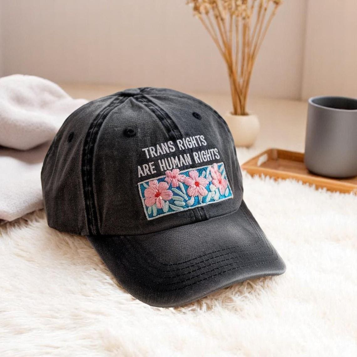 Protect Trans Kids Hat – Embroidered LGBTQ Pride Cap, Trans Rights Are Human Rights, Floral Boho Dad Hat, Queer Gift, Genderqueer Hat