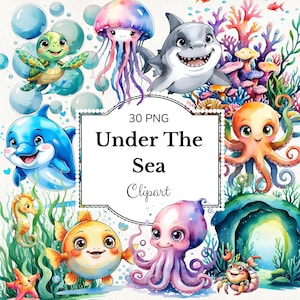 Under the Sea Clipart – Watercolour Ocean Animals PNG Set for Kids Art & Nursery – Transparent Background