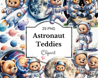 Astronaut Teddy Bear Clipart – Watercolour Space PNG Set for Kids Art & Nursery – Transparent Background