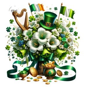 Puede incluir: Ilustración digital de un ramo con lirios blancos, tréboles verdes y un sombrero de duende verde. También hay monedas de oro y un arpa, junto con banderas irlandesas y una cinta verde. Tema festivo.