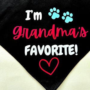May include: Black bandana with white text that reads "I'm Grandma's Favorite!" with two blue paw prints and a red heart.