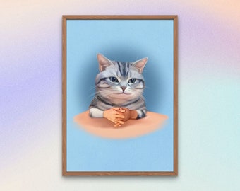 Cat with Hands ART PRINT 12"x18" - Funny Meme Kitten Poster - Cute Cat Painting